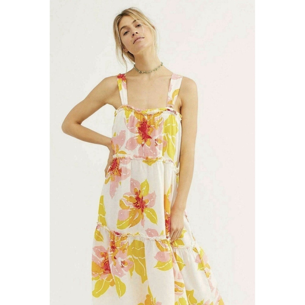 Free People Moonshine Midi Dress Floral Linen Blend Boho Yellow Pink White Small - Picture 2 of 14